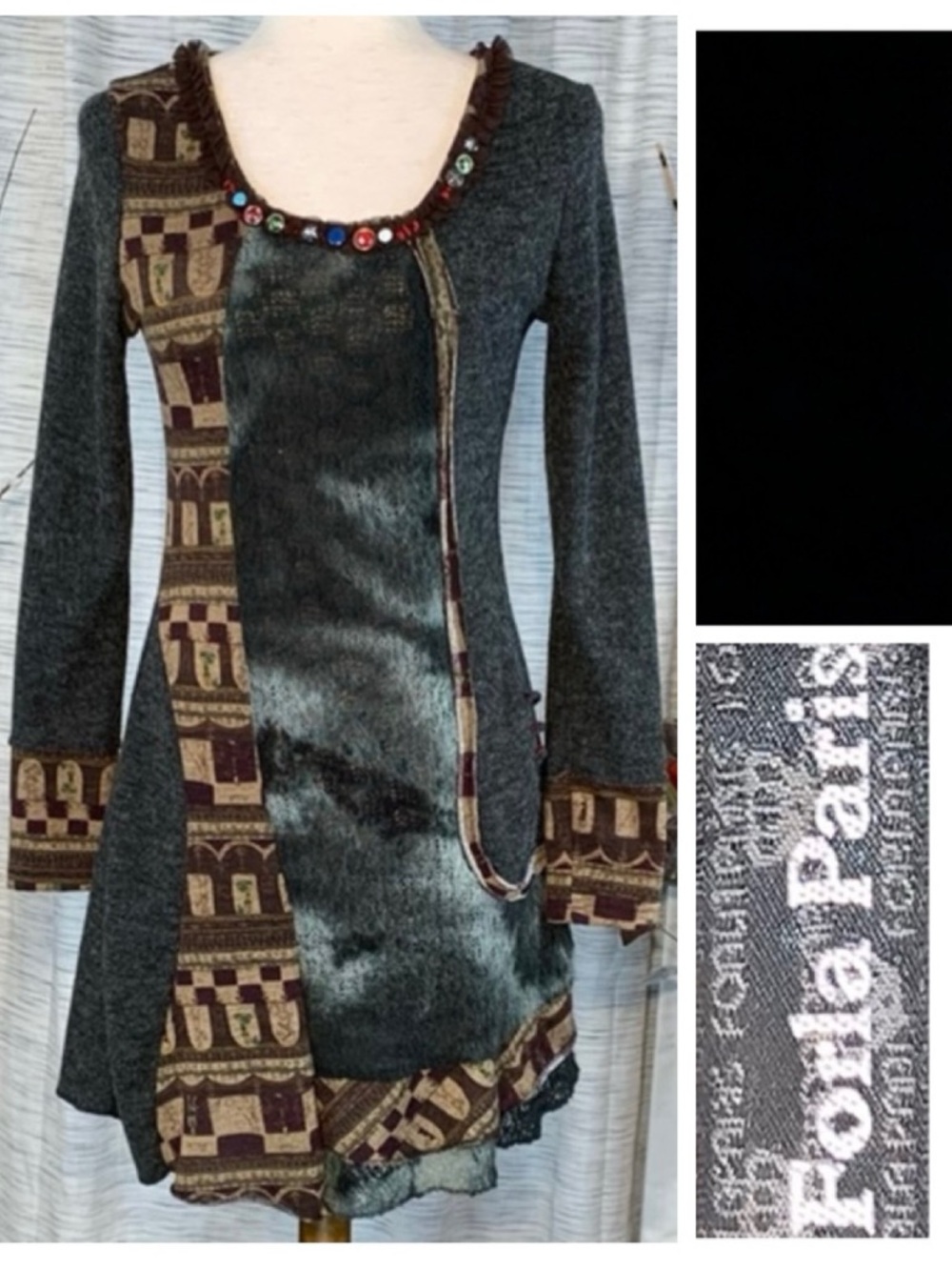 Forla Paris multicolored/multi texture long sleeve bodycon dress.